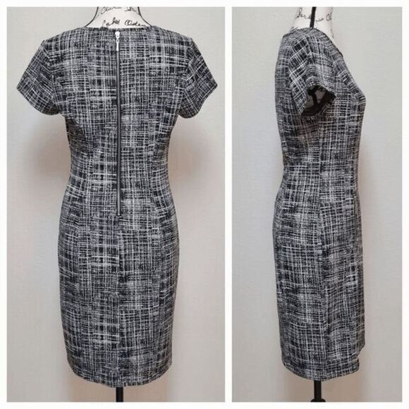 SHARAGANO Black and White Grid Print Zipper Decor Shift Office Dress SIZE 4 - Picture 2 of 12